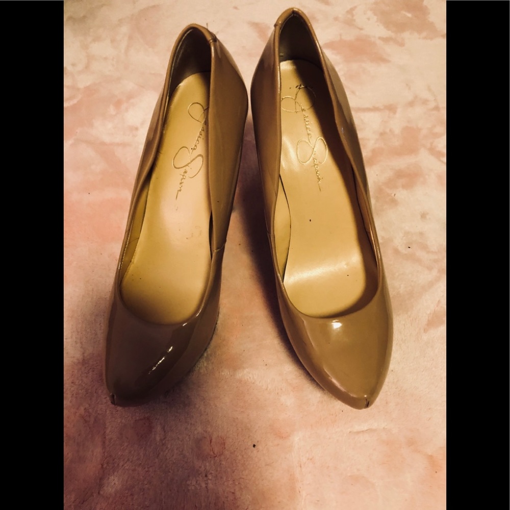Tan color patent leather heels